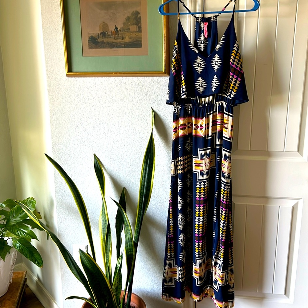 Eight Sixty blue dress with southwestern colorful print size S